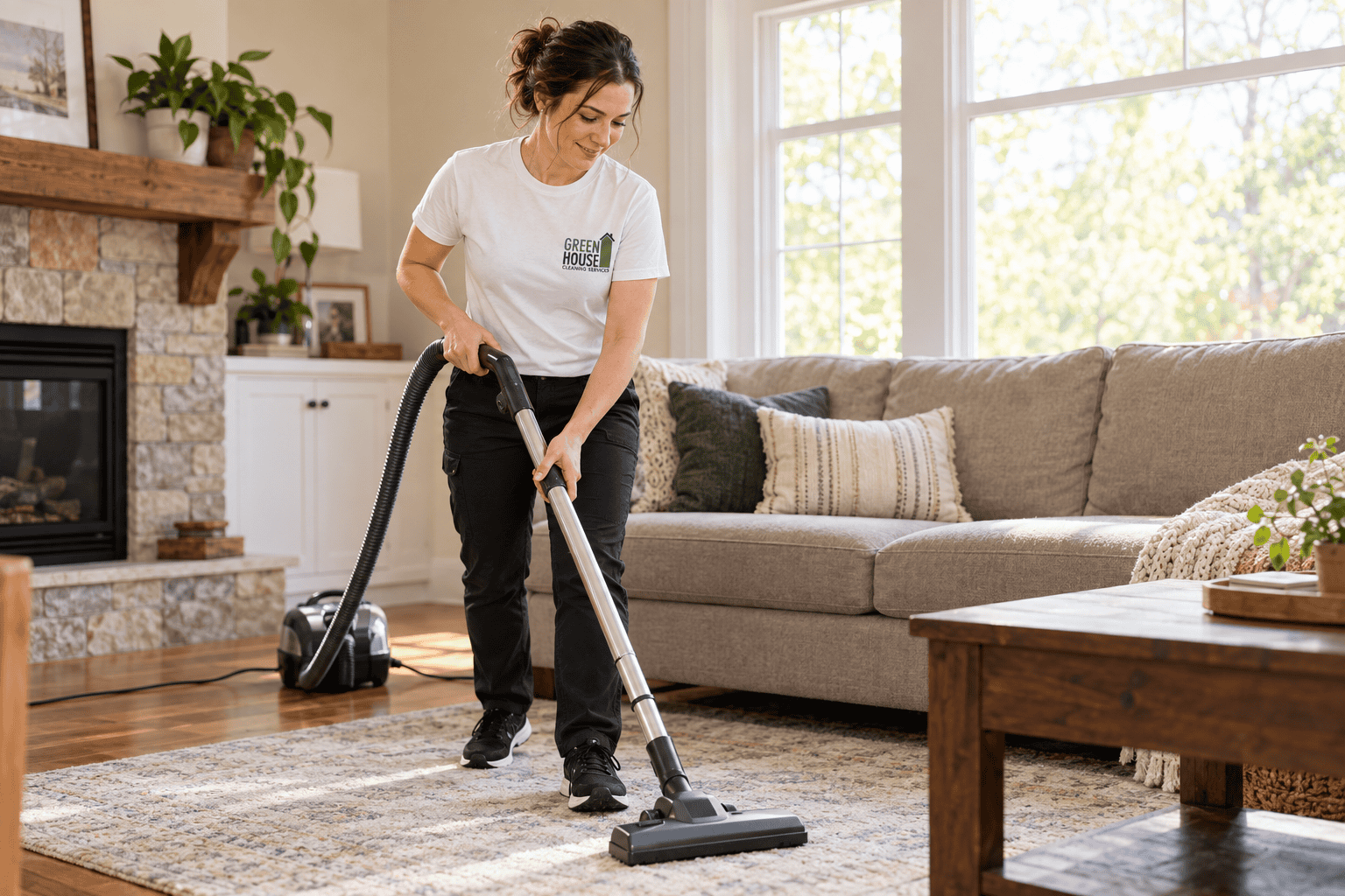 Woman in a Green House Cleaning shirt vacuuming a living room